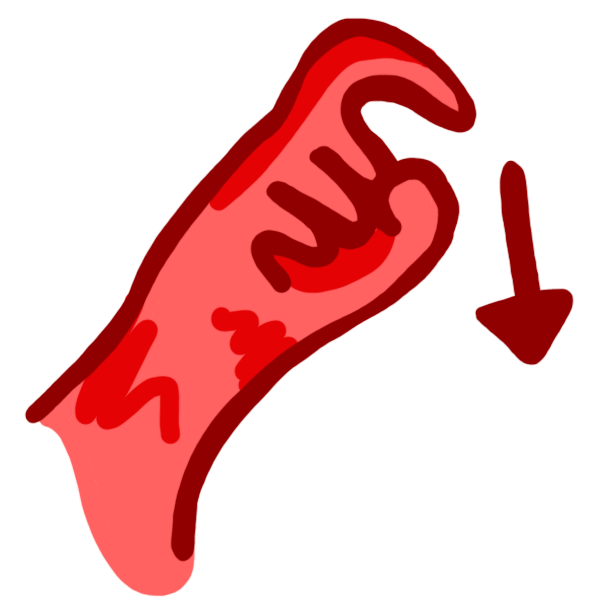 a red hand making the ASL sign for need with an arrow beside it to show movement.